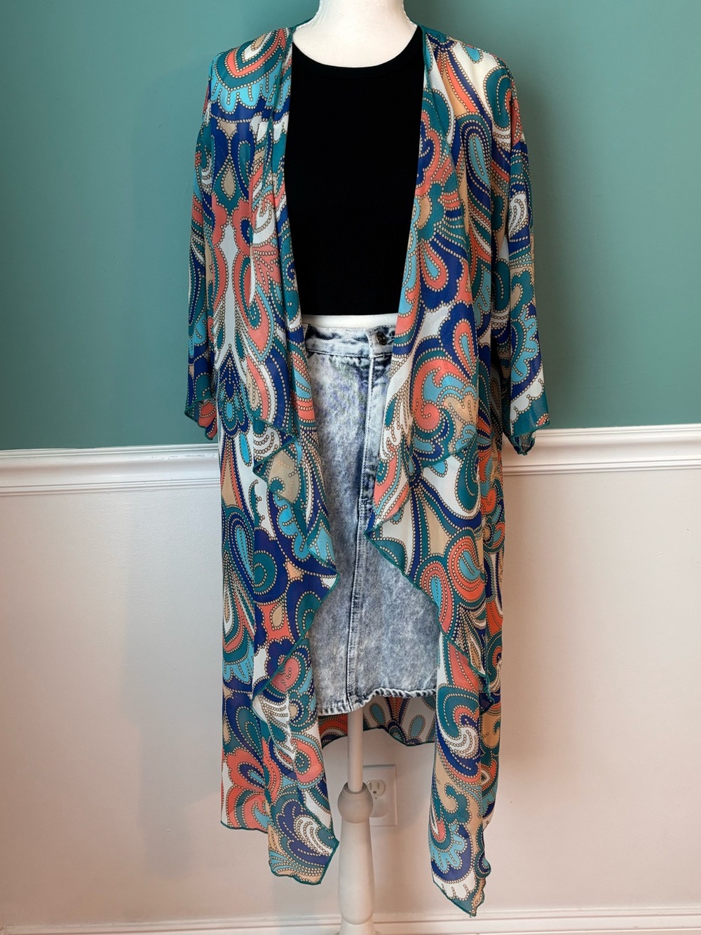 LuLaRoe Shirley Kimono Duster Paisley Boho Festival Cover Up Size M Coral Teal